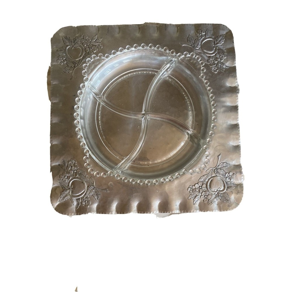 Everlast Metal Serving Tray Silver Hammered Aluminum Glass Divided Insert Beaded
